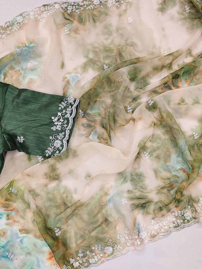 Women's Georgette Digital Printed Embroidery Saree with Unstitched Blouse Piece Trendmalls