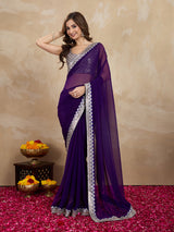 Women's Purple Georgette Embroidery Saree with Unstitched Blouse Piece Trendmalls