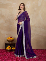 Women's Purple Georgette Embroidery Saree with Unstitched Blouse Piece Trendmalls