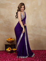 Women's Purple Georgette Embroidery Saree with Unstitched Blouse Piece Trendmalls