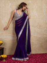 Women's Purple Georgette Embroidery Saree with Unstitched Blouse Piece Trendmalls