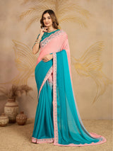 Turquoise Chiffon Embroidery work Ombre Style Saree with Unstitched Blouse Piece For Women's Trendmalls