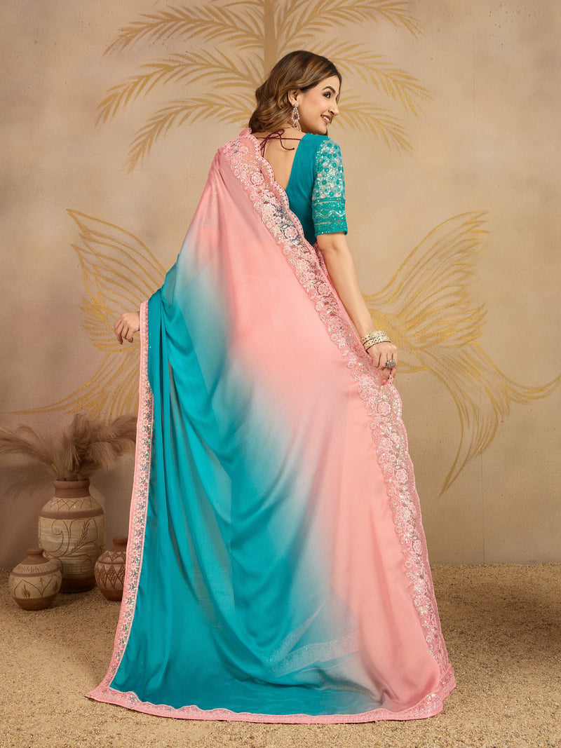 Turquoise Chiffon Embroidery work Ombre Style Saree with Unstitched Blouse Piece For Women's Trendmalls