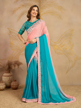Turquoise Chiffon Embroidery work Ombre Style Saree with Unstitched Blouse Piece For Women's Trendmalls