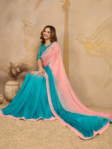 Turquoise Chiffon Embroidery work Ombre Style Saree with Unstitched Blouse Piece For Women's Trendmalls
