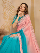 Turquoise Chiffon Embroidery work Ombre Style Saree with Unstitched Blouse Piece For Women's Trendmalls