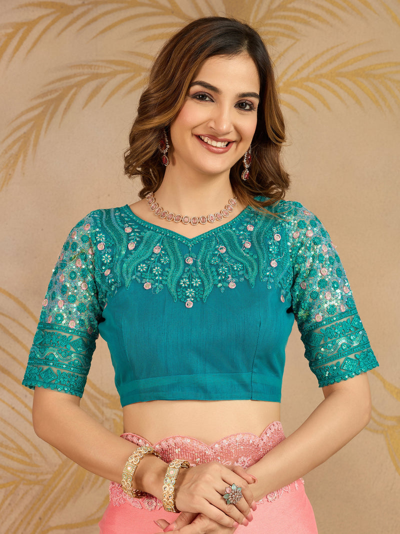 Turquoise Chiffon Embroidery work Ombre Style Saree with Unstitched Blouse Piece For Women's Trendmalls
