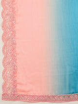 Turquoise Chiffon Embroidery work Ombre Style Saree with Unstitched Blouse Piece For Women's Trendmalls