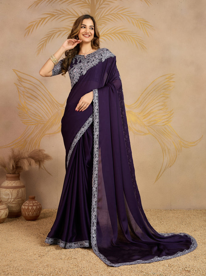 Purple Chiffon Embroidery Saree with Unsttiched Blouse Piece For Women's Trendmalls