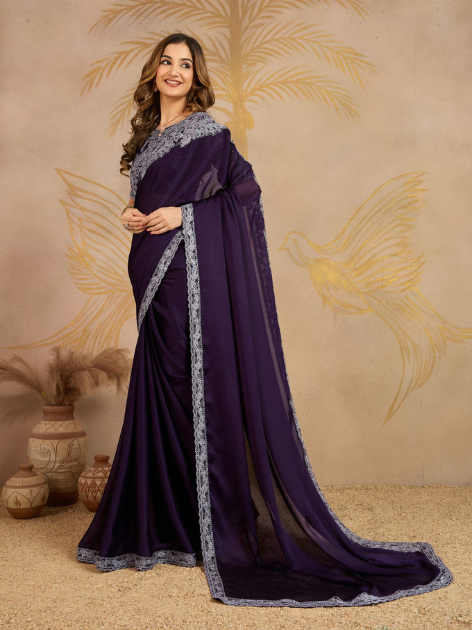 Purple Chiffon Embroidery Saree with Unsttiched Blouse Piece For Women's Trendmalls