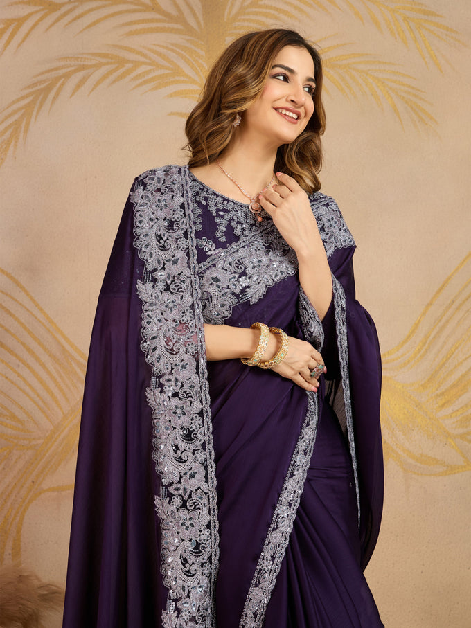 Purple Chiffon Embroidery Saree with Unsttiched Blouse Piece For Women's Trendmalls