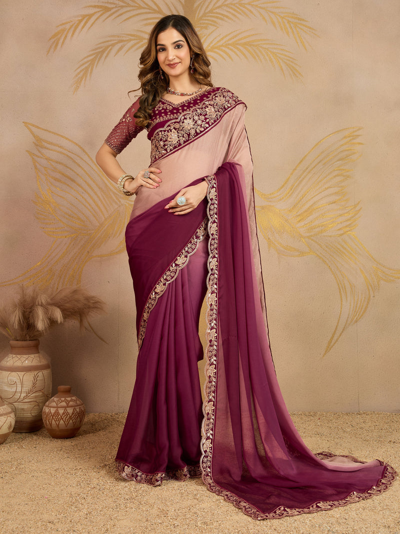 Multicolor Chiffon Embroidery work Ombre Style Saree with Unstitched Blouse Piece Trendmalls
