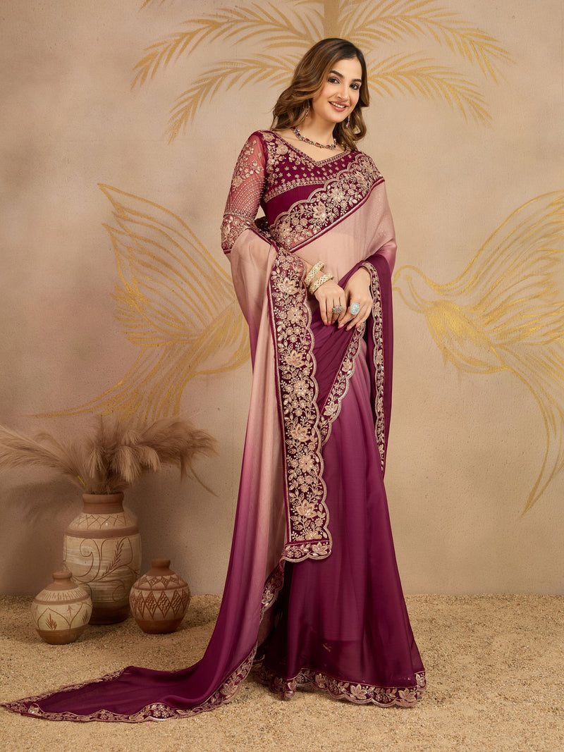 Multicolor Chiffon Embroidery work Ombre Style Saree with Unstitched Blouse Piece Trendmalls