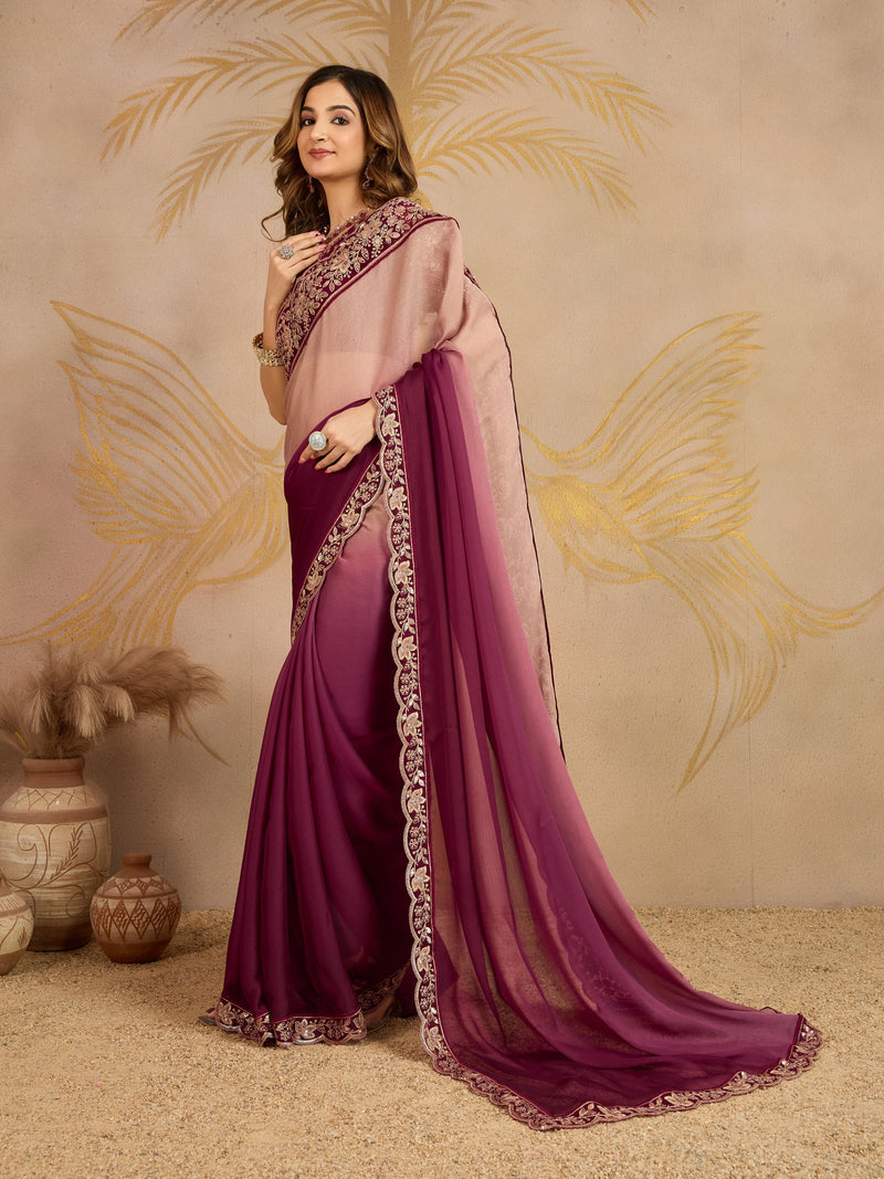 Multicolor Chiffon Embroidery work Ombre Style Saree with Unstitched Blouse Piece Trendmalls