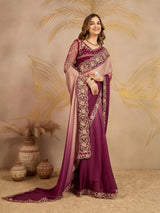 Multicolor Chiffon Embroidery work Ombre Style Saree with Unstitched Blouse Piece Trendmalls