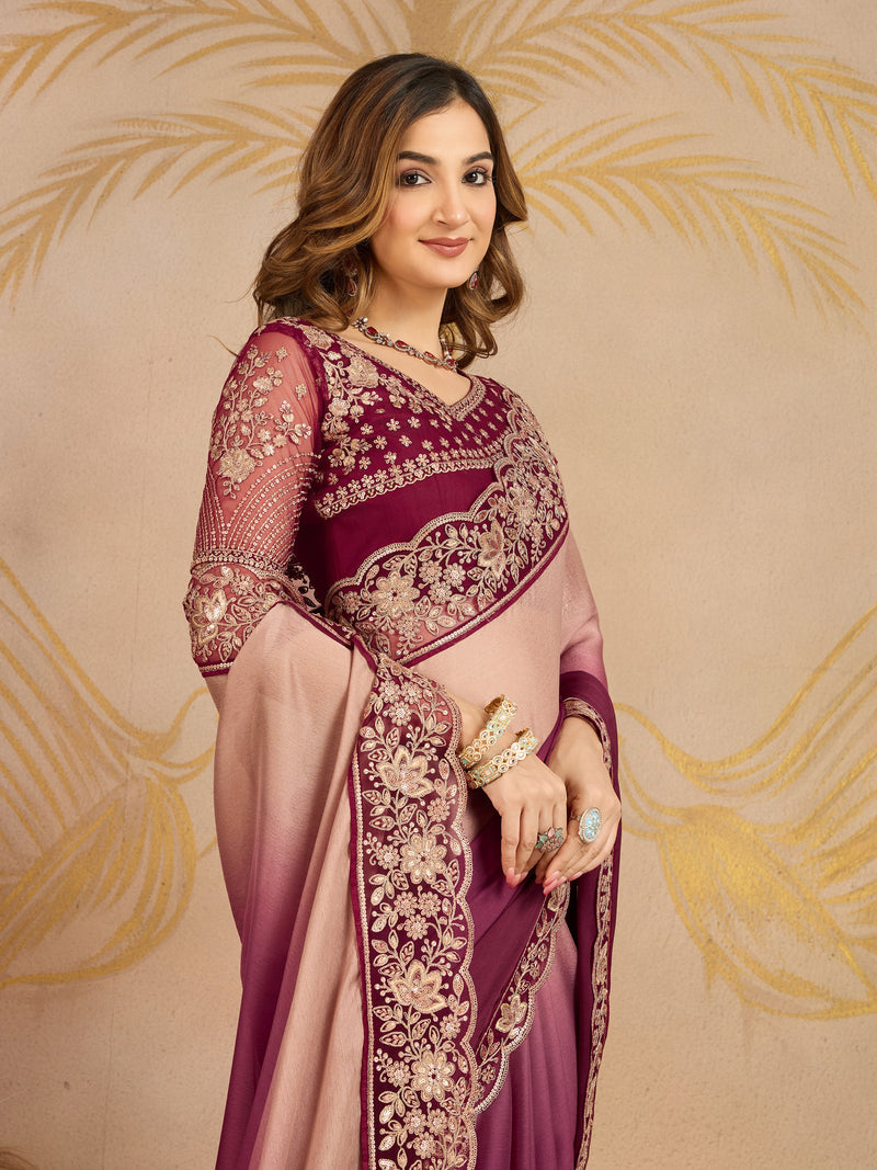 Multicolor Chiffon Embroidery work Ombre Style Saree with Unstitched Blouse Piece Trendmalls