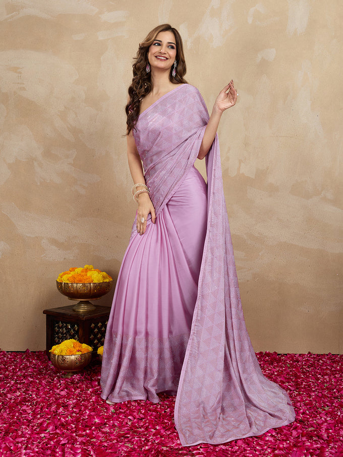 Women's Pink Chiffon Siroski Work with Unstitch Blouse Piece Trendmalls