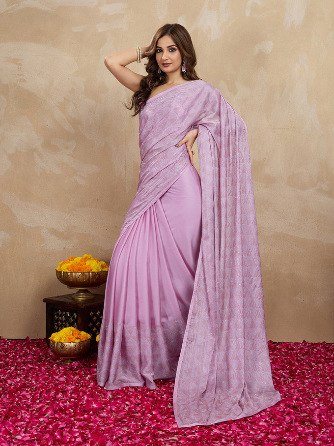 Women's Pink Chiffon Siroski Work with Unstitch Blouse Piece Trendmalls