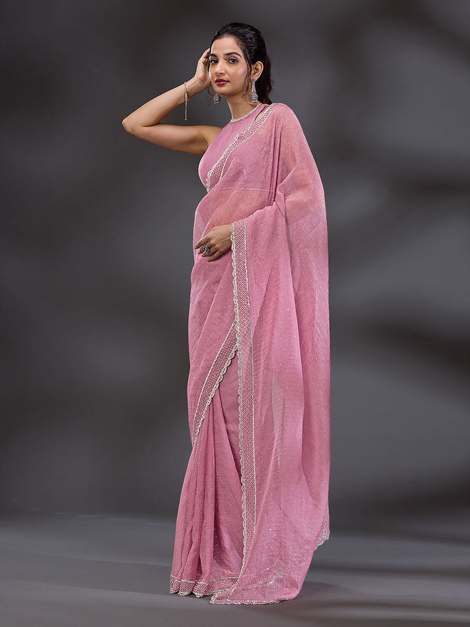 Women's  Pink Art Silk Siroski Work with Unstitch Blouse Piece Trendmalls