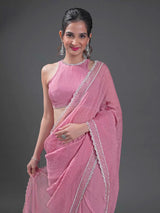 Women's  Pink Art Silk Siroski Work with Unstitch Blouse Piece Trendmalls