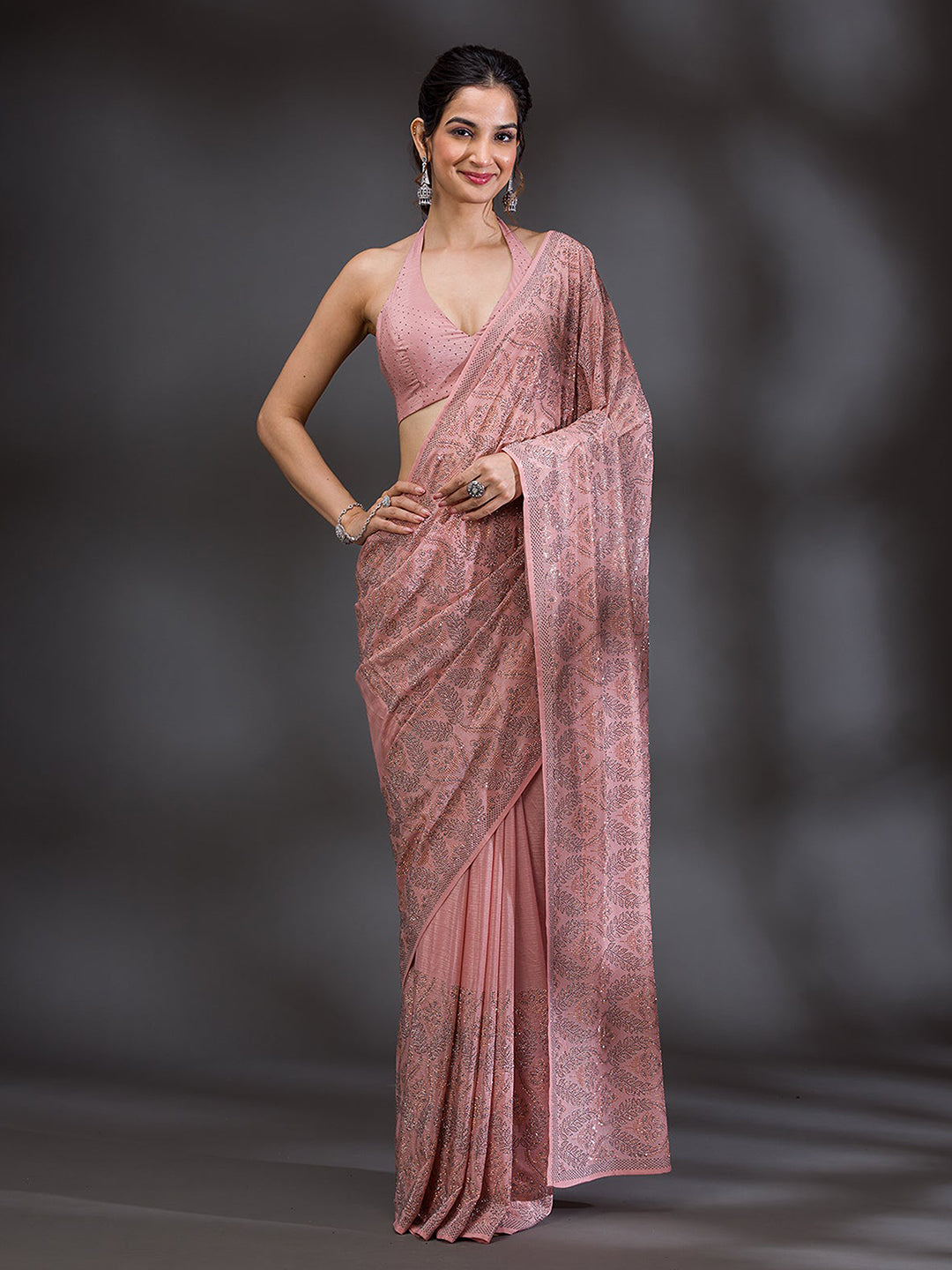 Women's Pink Chanderi Silk Siroski Work with Unstitch Blouse Piece Trendmalls