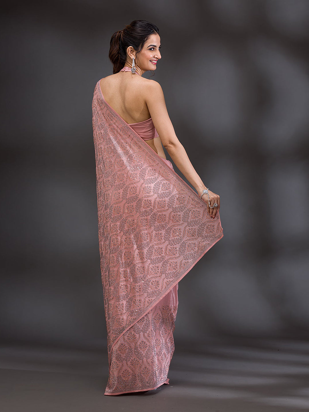 Women's Pink Chanderi Silk Siroski Work with Unstitch Blouse Piece Trendmalls