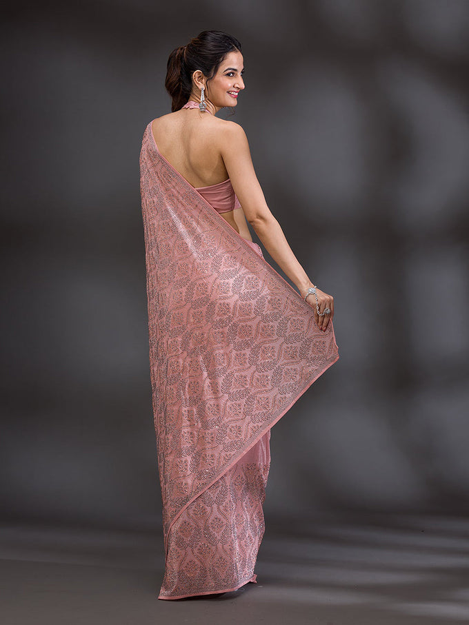 Women's Pink Chanderi Silk Siroski Work with Unstitch Blouse Piece Trendmalls