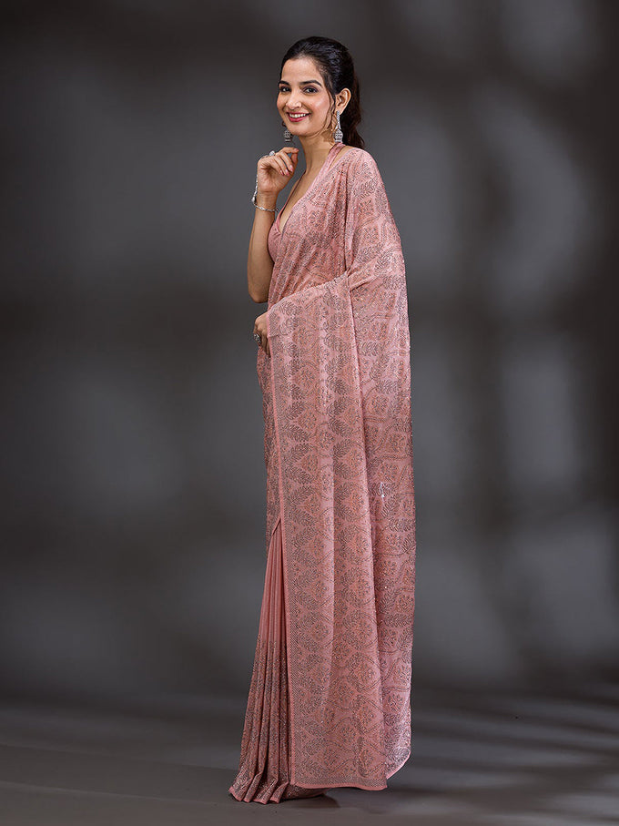 Women's Pink Chanderi Silk Siroski Work with Unstitch Blouse Piece Trendmalls