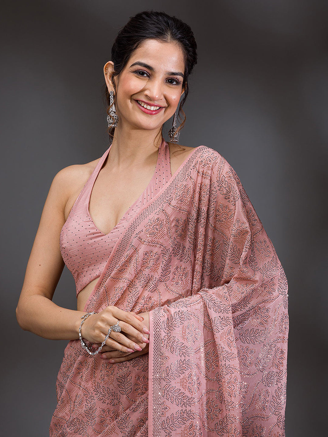 Women's Pink Chanderi Silk Siroski Work with Unstitch Blouse Piece Trendmalls