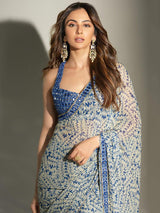SkyBlue OffWhite Georgette Digital Printed Mirror Work Embroidery Border Saree with Unstitched Blouse Piece For Women's Trendmalls