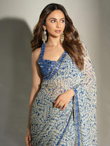 SkyBlue OffWhite Georgette Digital Printed Mirror Work Embroidery Border Saree with Unstitched Blouse Piece For Women's Trendmalls