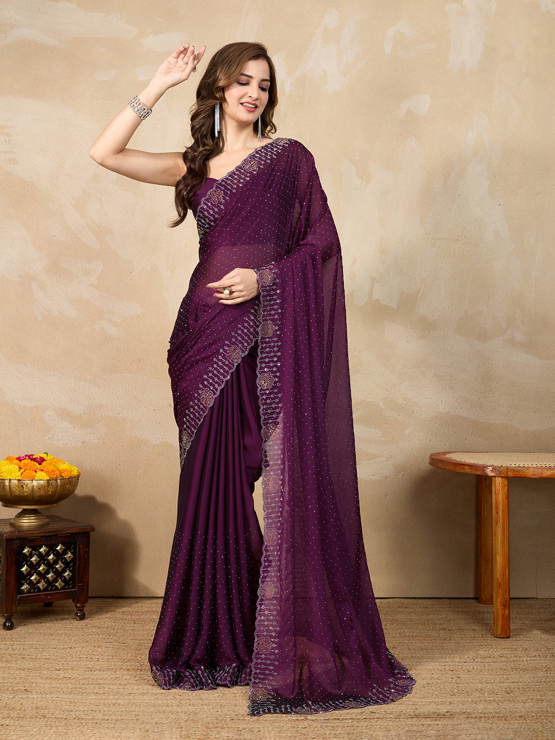 Purple Silk Blend Siroski Work with Unstitch Blouse Piece Trendmalls