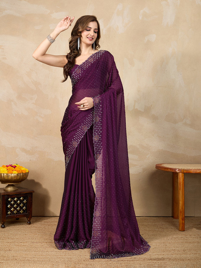 Purple Silk Blend Siroski Work with Unstitch Blouse Piece Trendmalls