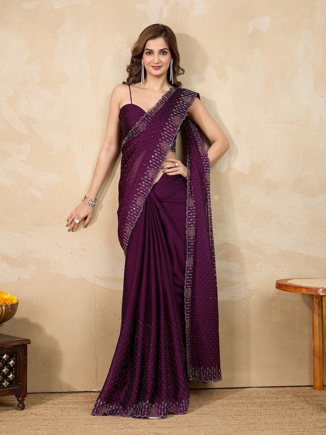 Purple Silk Blend Siroski Work with Unstitch Blouse Piece Trendmalls