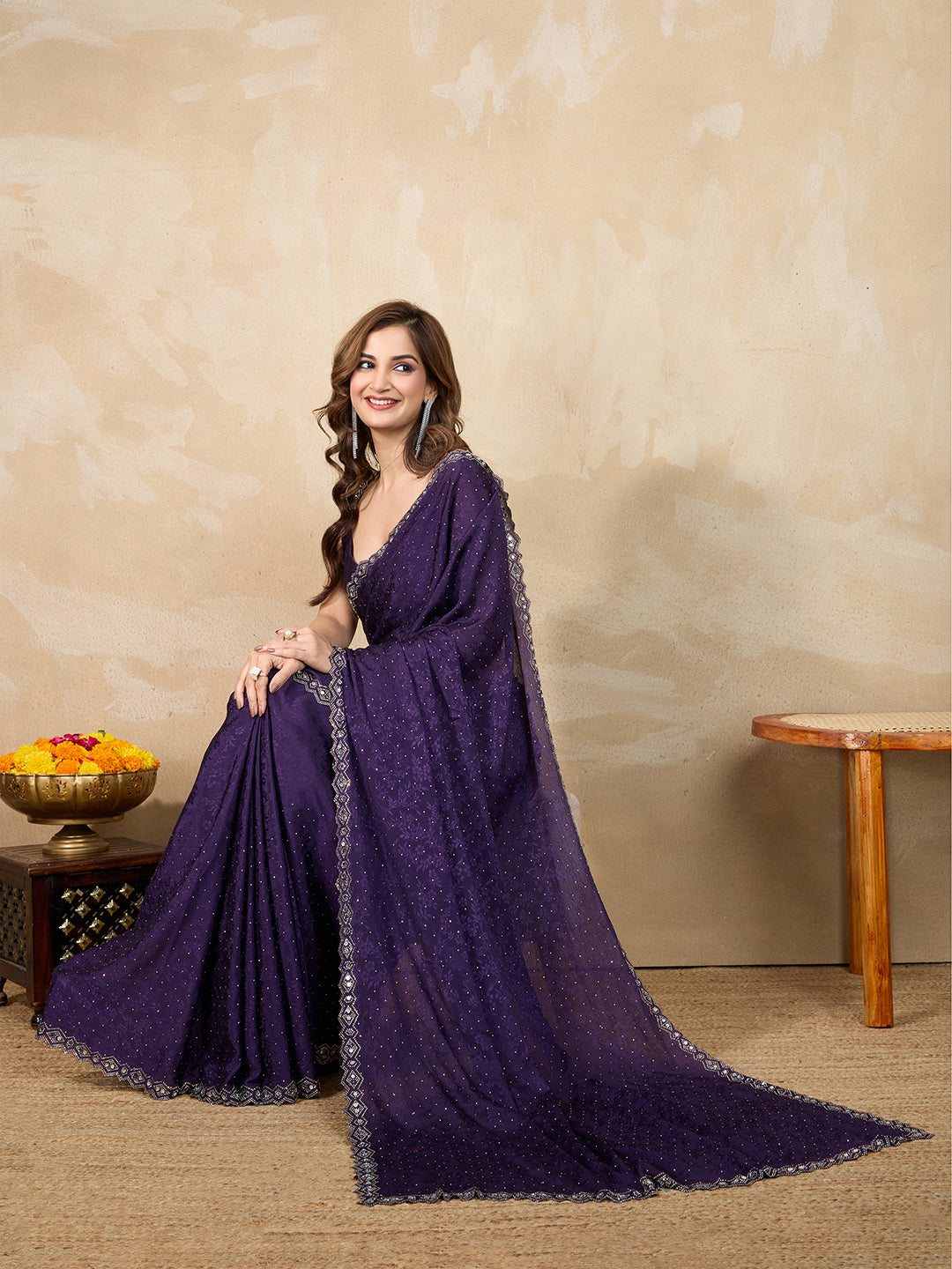 Purple Art Silk Siroski Mirror Work Saree with Unstitch Blouse Piece Trendmalls