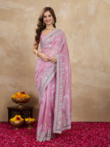Lightpink Net Embroidery Sequuence Work Saree With Unstitch Blouse Piece