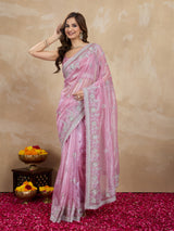 Lightpink Net Embroidery Sequuence Work Saree With Unstitch Blouse Piece