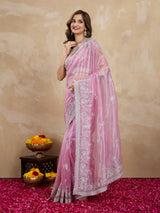 Lightpink Net Embroidery Sequuence Work Saree With Unstitch Blouse Piece