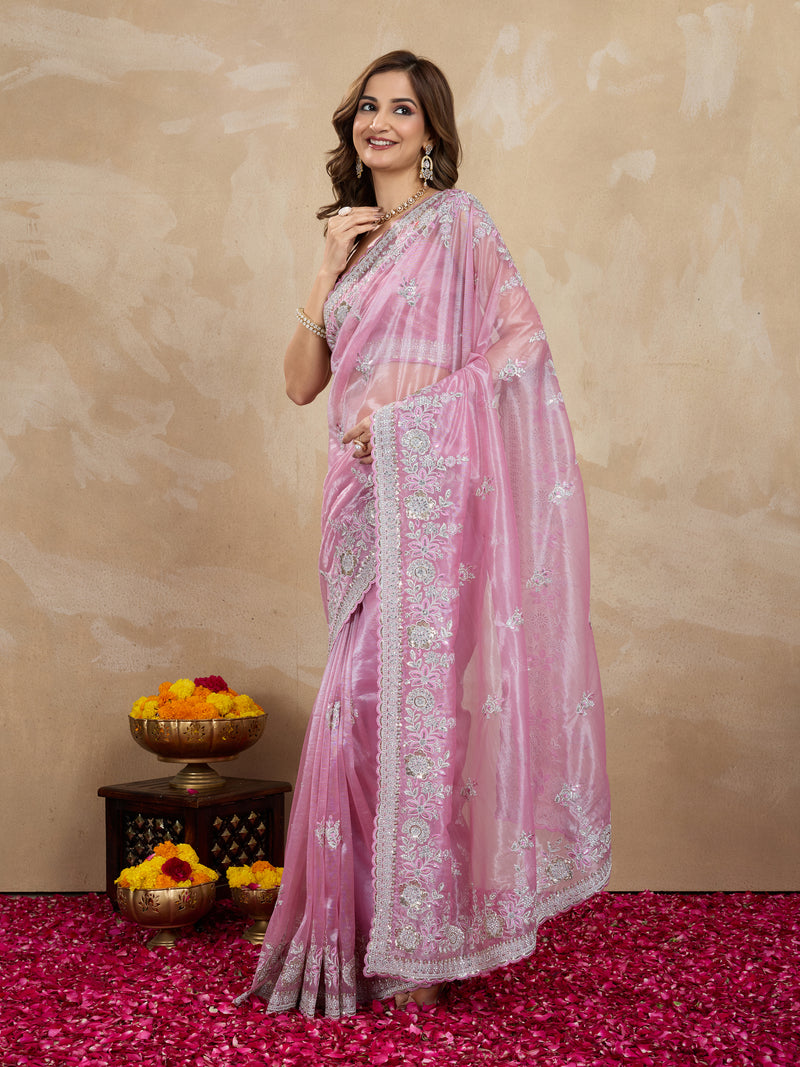 Lightpink Net Embroidery Sequuence Work Saree With Unstitch Blouse Piece