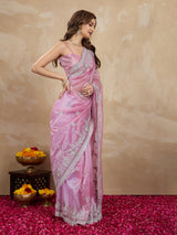 Lightpink Net Embroidery Sequuence Work Saree With Unstitch Blouse Piece