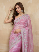 Lightpink Net Embroidery Sequuence Work Saree With Unstitch Blouse Piece