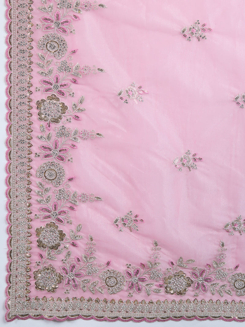 Lightpink Net Embroidery Sequuence Work Saree With Unstitch Blouse Piece