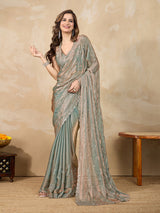 Green Satin Siroski Mirror Work Saree with Unstitch Blouse Piece Trendmalls