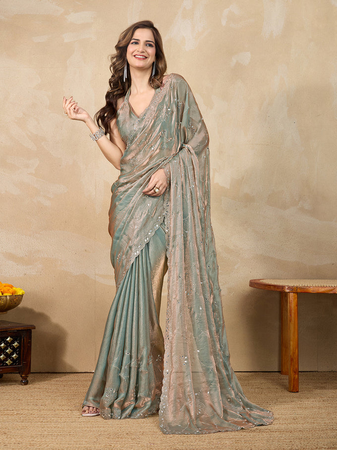 Green Satin Siroski Mirror Work Saree with Unstitch Blouse Piece Trendmalls