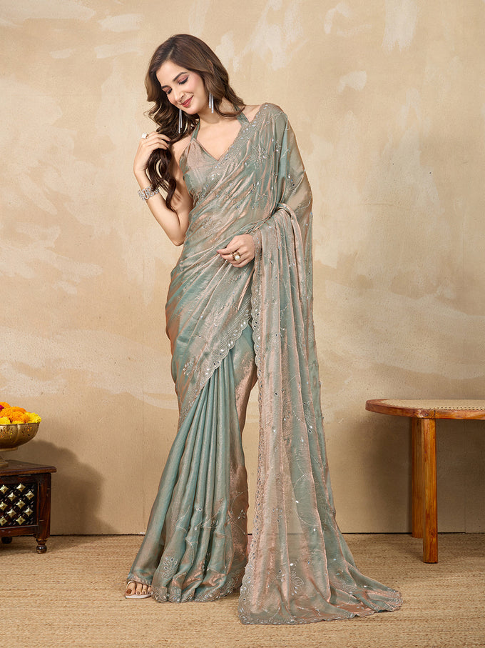 Green Satin Siroski Mirror Work Saree with Unstitch Blouse Piece Trendmalls