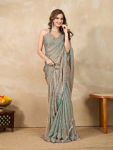 Green Satin Siroski Mirror Work Saree with Unstitch Blouse Piece Trendmalls