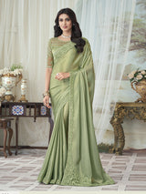 LightGreen Chiffon Embroidery Sequence work Saree with Unstitched Blouse Piece Trendmalls
