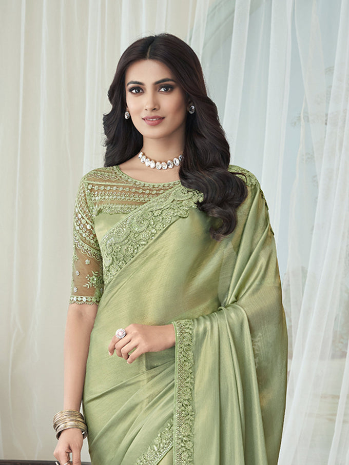LightGreen Chiffon Embroidery Sequence work Saree with Unstitched Blouse Piece Trendmalls
