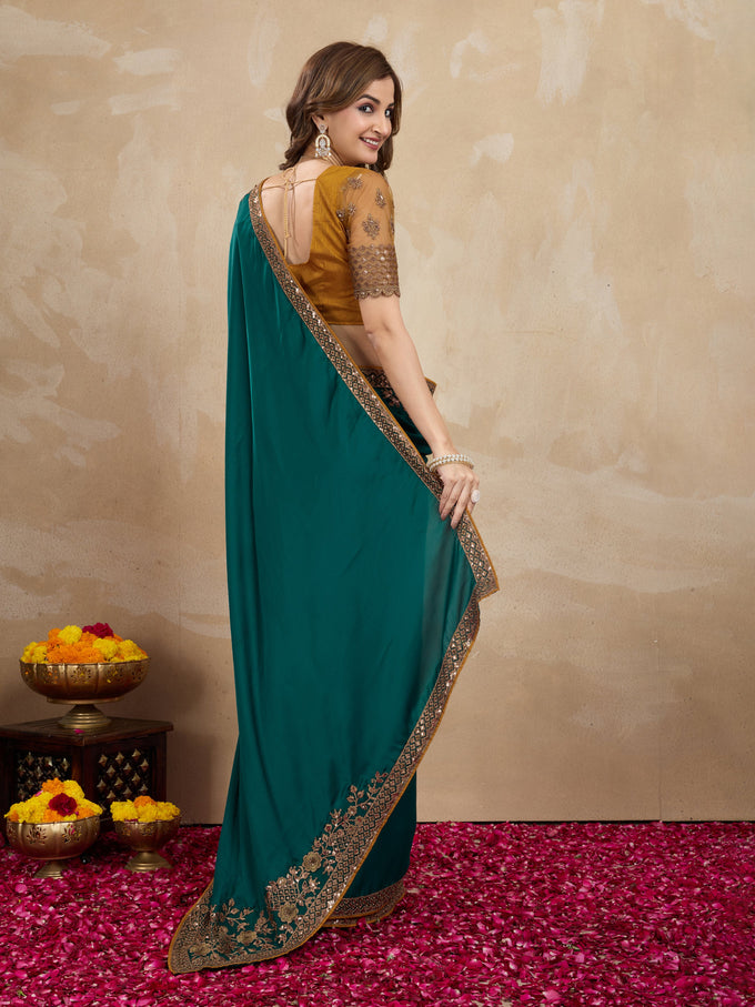 Dark Green Satin Embroidery Work Saree With Unstitched Blouse Piece For Woman's Trendmalls