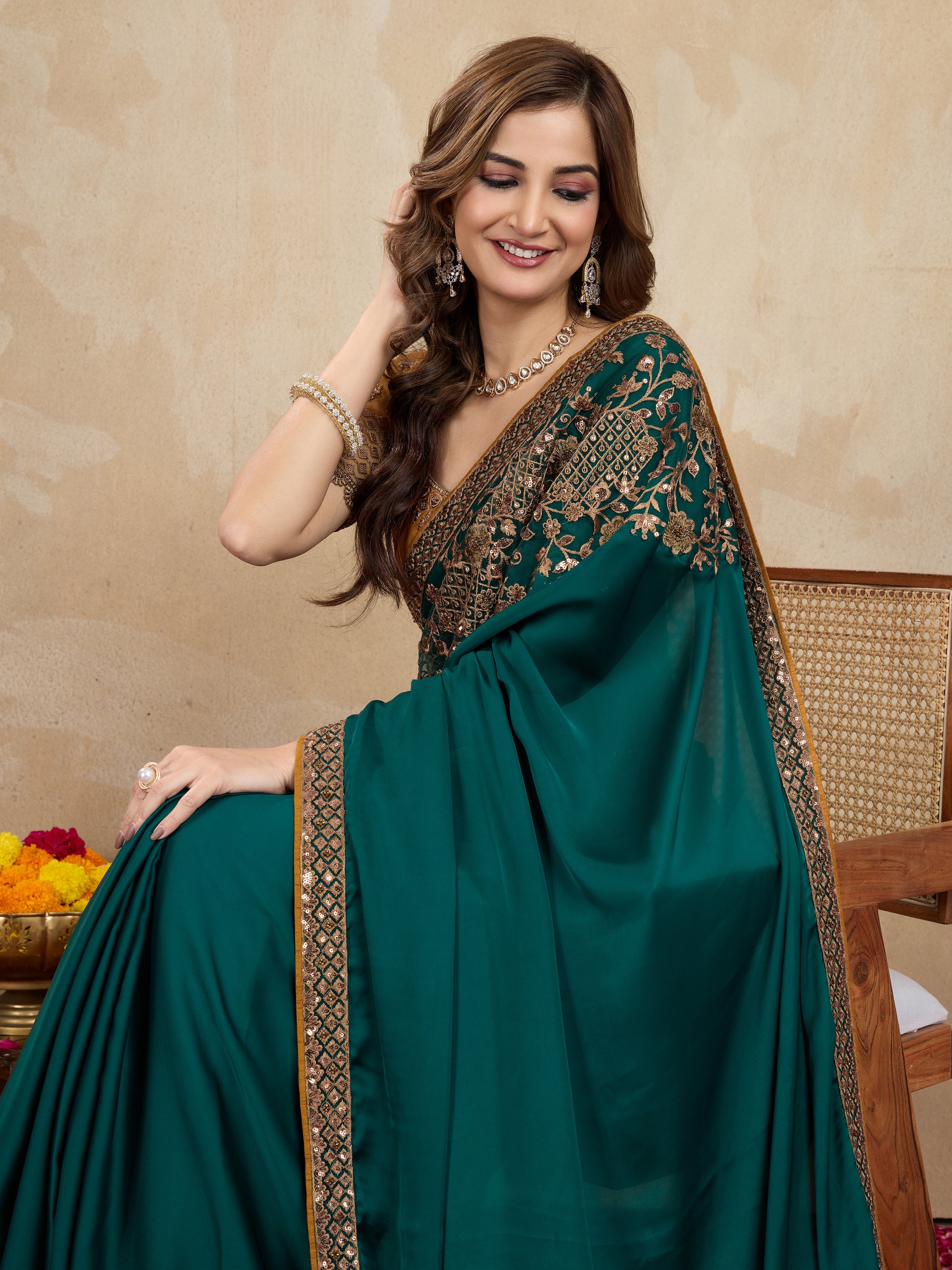 Dark Green Satin Embroidery Work Saree With Unstitched Blouse Piece For Woman's Trendmalls